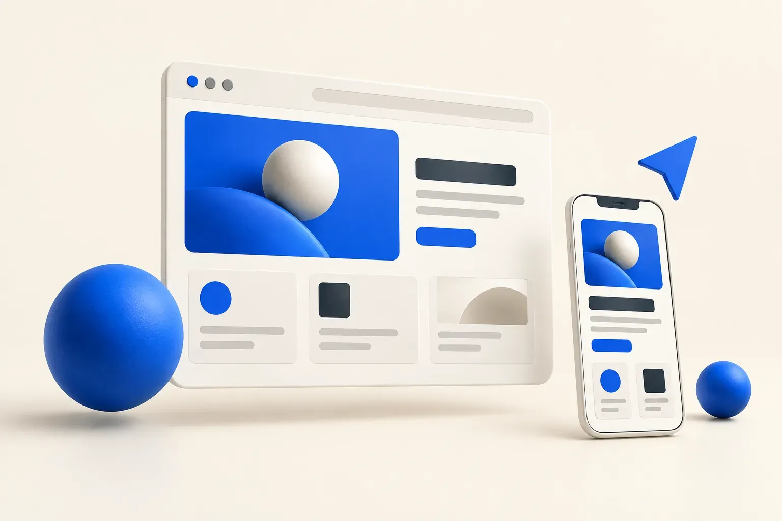 Original concept illustration of a website interface shown across a laptop and phone, representing a small-business website project